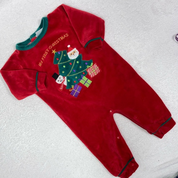 Merry Christmas by just love red velour Christmas tree my first jumpsuit 12m - Picture 1 of 8
